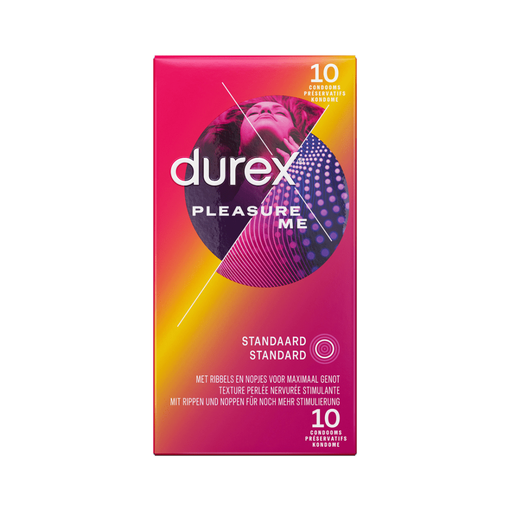 Durex Pleasure Me condooms 10 stuks, voorkant verpakking, geribd en gestipt condoom voor extra sensatie