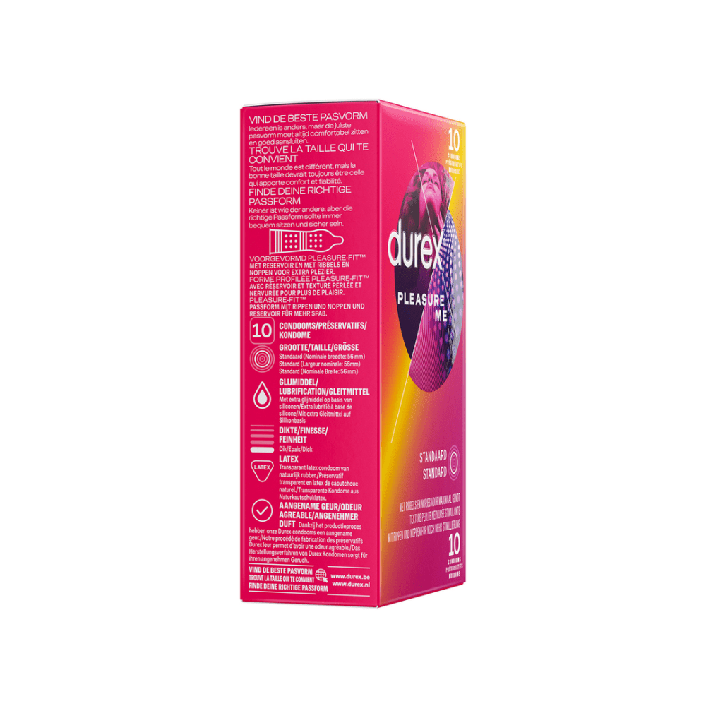 Durex Pleasure Me condooms 10 stuks, zijkant verpakking, Durex condooms met textuur voor extra stimulatie