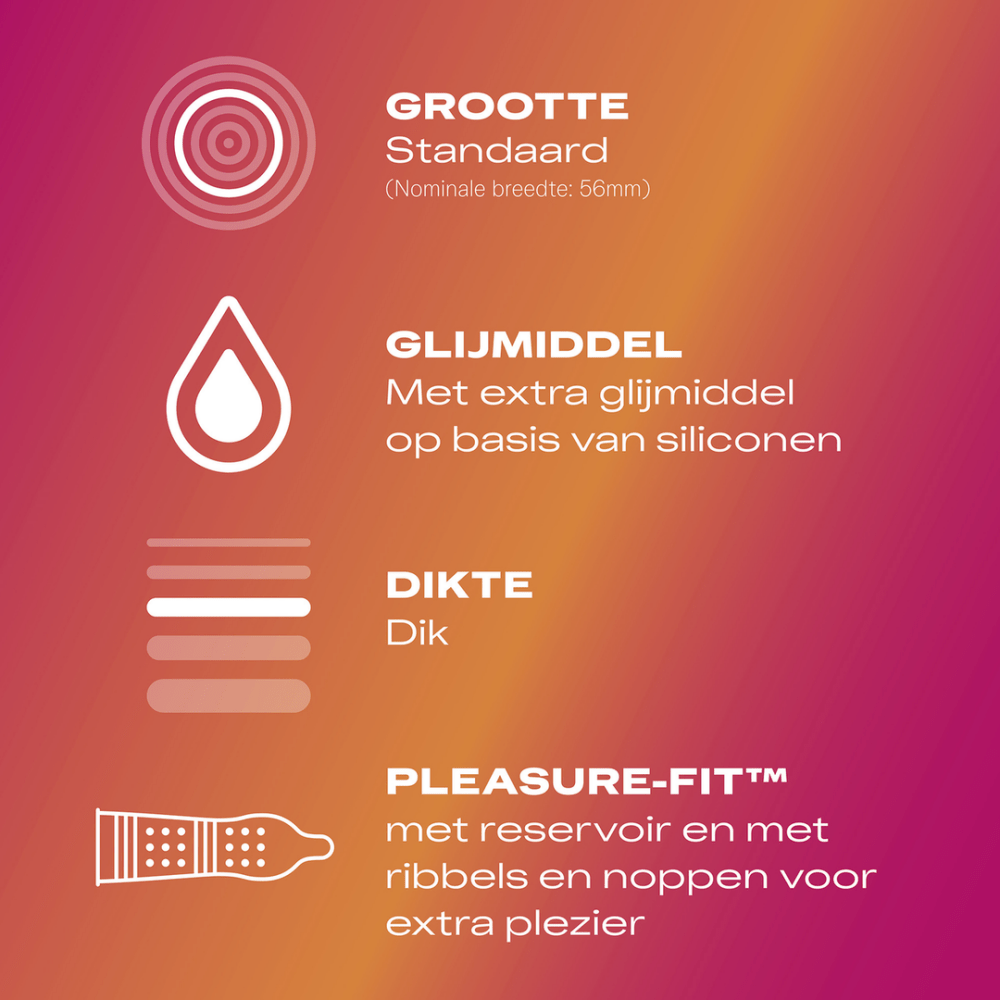 Durex Pleasure Me condooms 10 stuks, achterkant verpakking met productinfo, gebruik en waarschuwingen