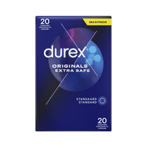 Durex Originals Extra Safe condooms 20 stuks, voorkant verpakking, extra veilige pasvorm voor meer zekerheid