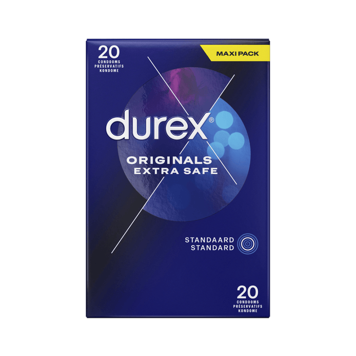 Durex Originals Extra Safe condooms 20 stuks, voorkant verpakking, extra veilige pasvorm voor meer zekerheid