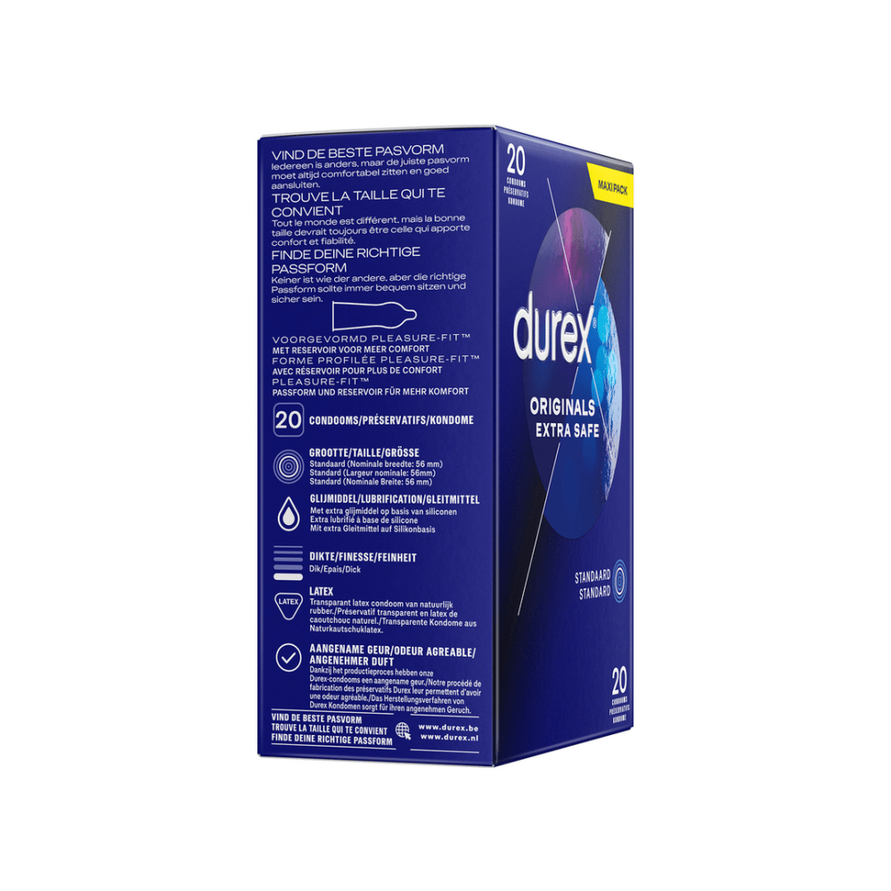 Durex Originals Extra Safe condooms 20 stuks, zijkant verpakking, extra veilige condooms van Durex Originals