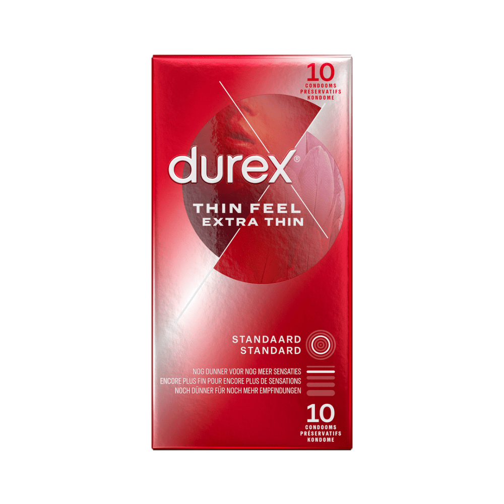 Durex Thin Feel Extra Thin condooms 10 stuks, voorkant verpakking, extra dun voor meer gevoel