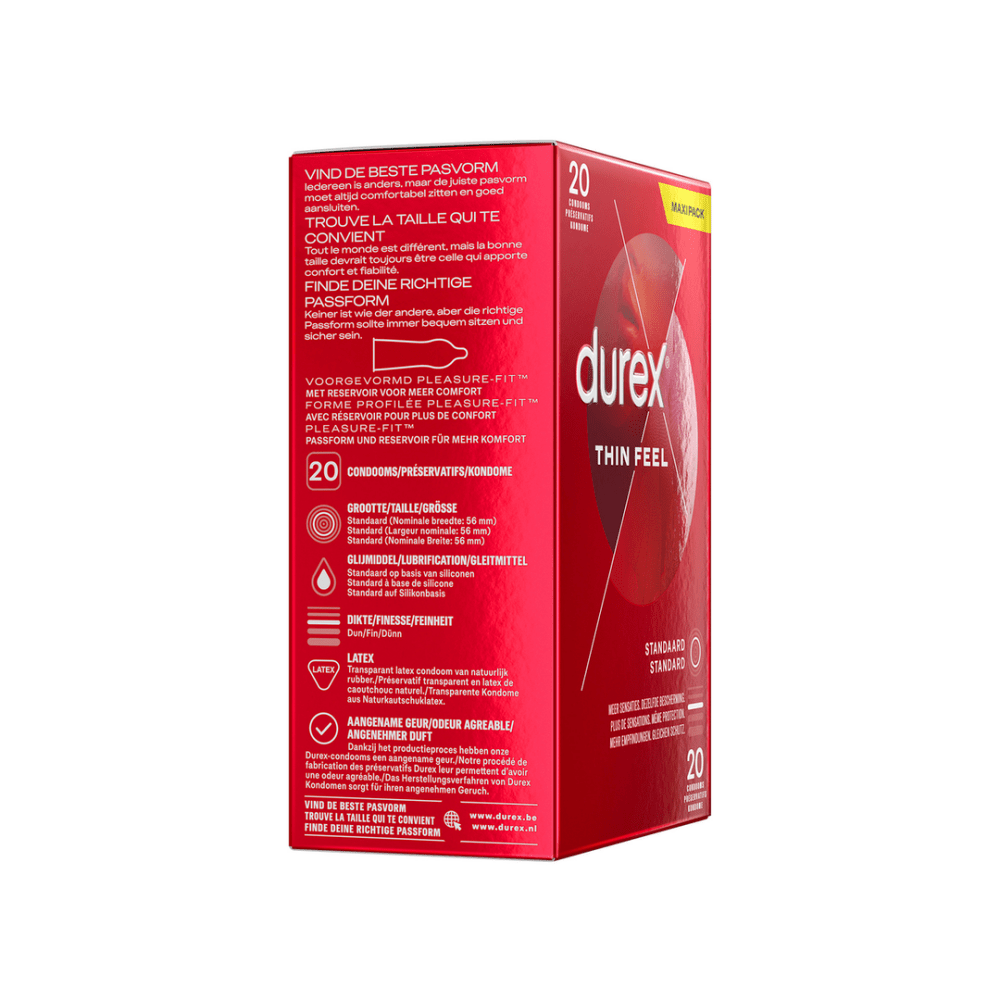 Durex Dunne Voel condooms 20 stuks, zijkant verpakking, extra dunne condooms