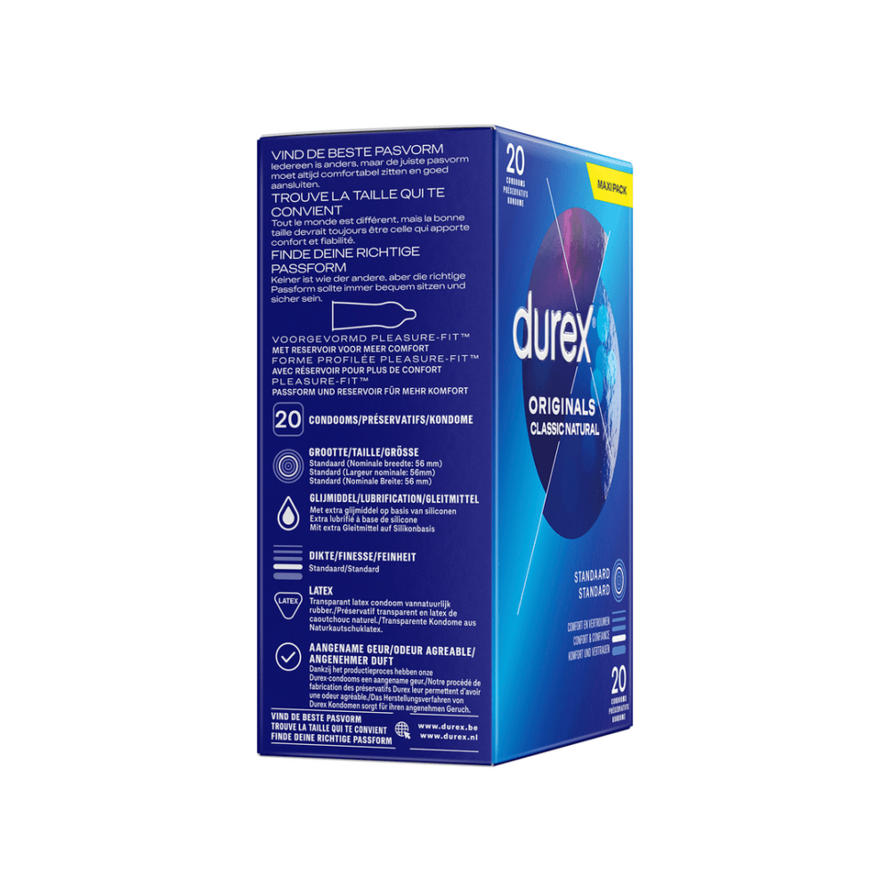 Durex Originals Classic Natural condooms 20 stuks, zijkant verpakking, klassiek condoom
