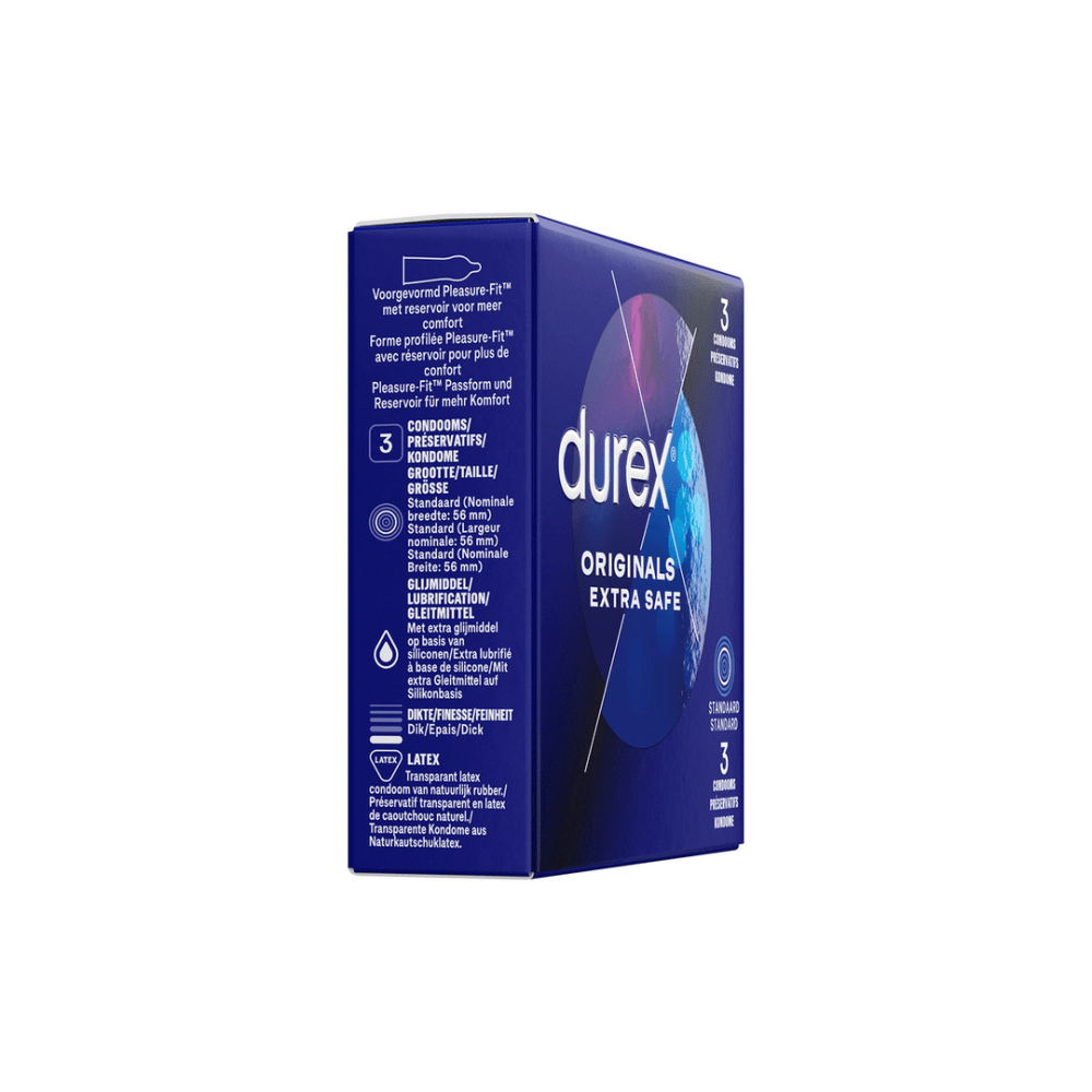 Durex Originals Extra Safe condooms 3 stuks, zijkant verpakking, extra veilig condoom