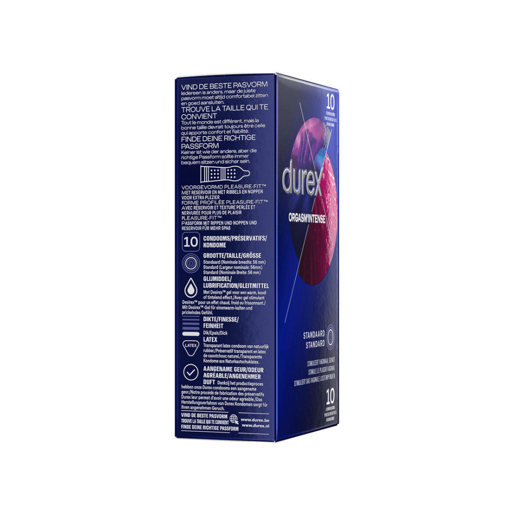 Durex Orgasm Intense condooms 10 stuks, verpakking zijkant, ribbels en nopjes voor extra gevoel
