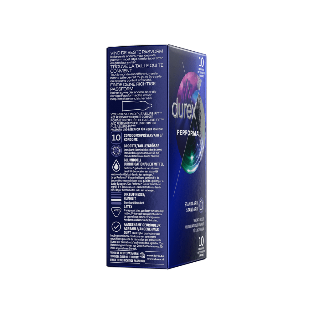 Zijkant verpakking Durex Performa, condooms met vertragende gel, 10 stuks