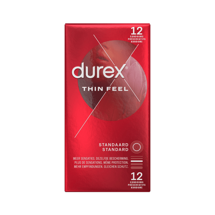 Durex Thin Feel condooms 12 stuks, extra dun, meer gevoel, transparant latex condoom van natuurlijk rubber