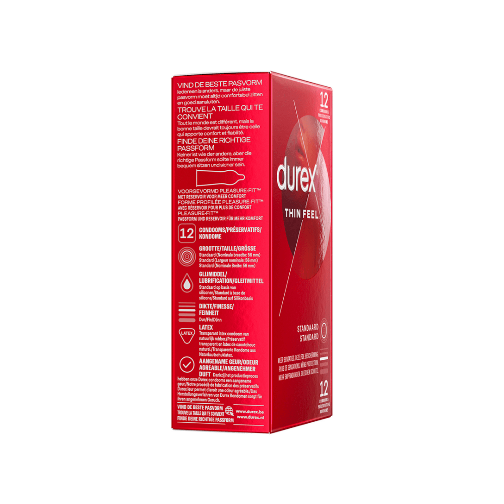 Durex Thin Feel condooms 12 stuks, extra dun, standaard maat 56 mm, voorgevormde pasvorm met reservoir
