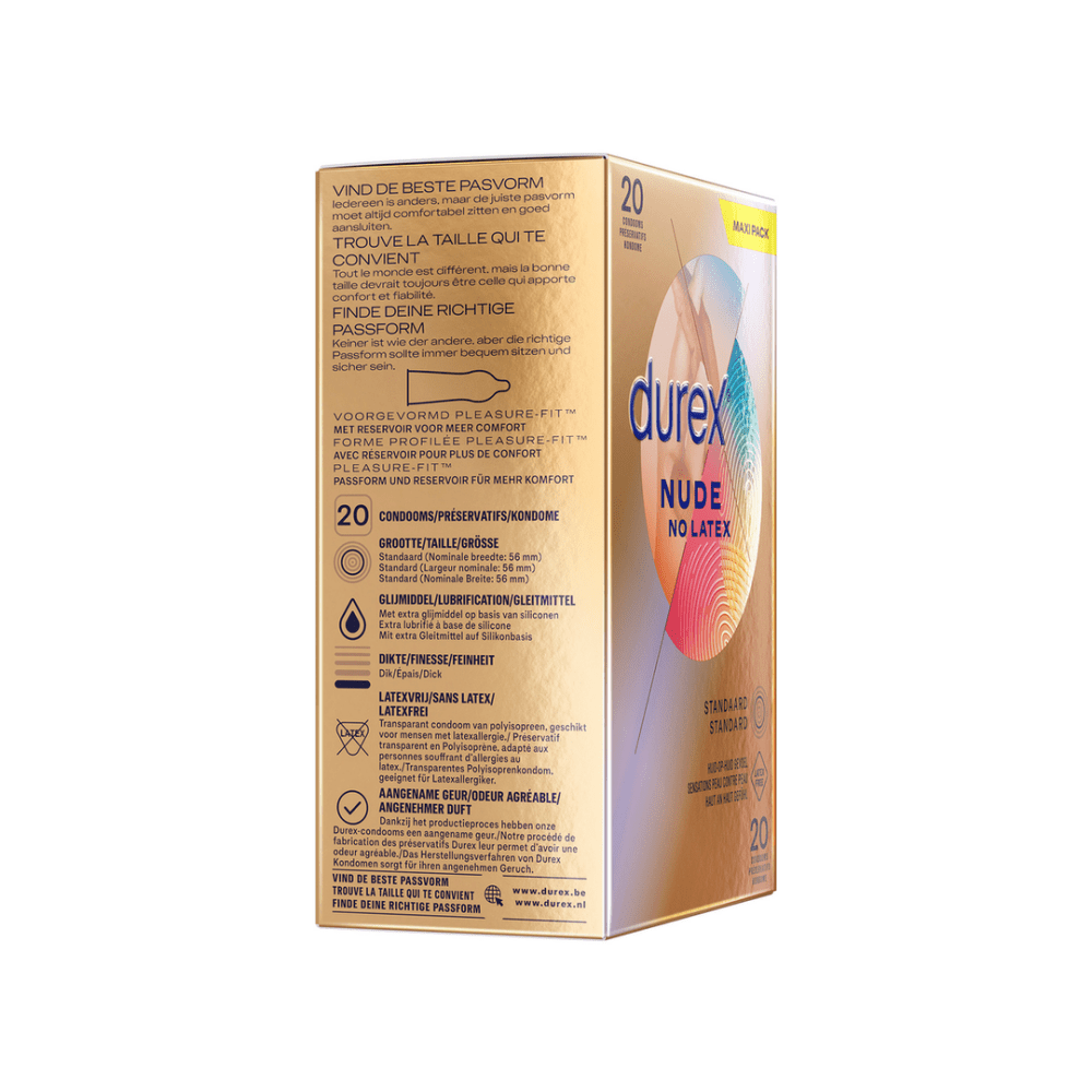 Durex Nude XL condooms 20 stuks, zijkant doos, productdetails, XL condoom