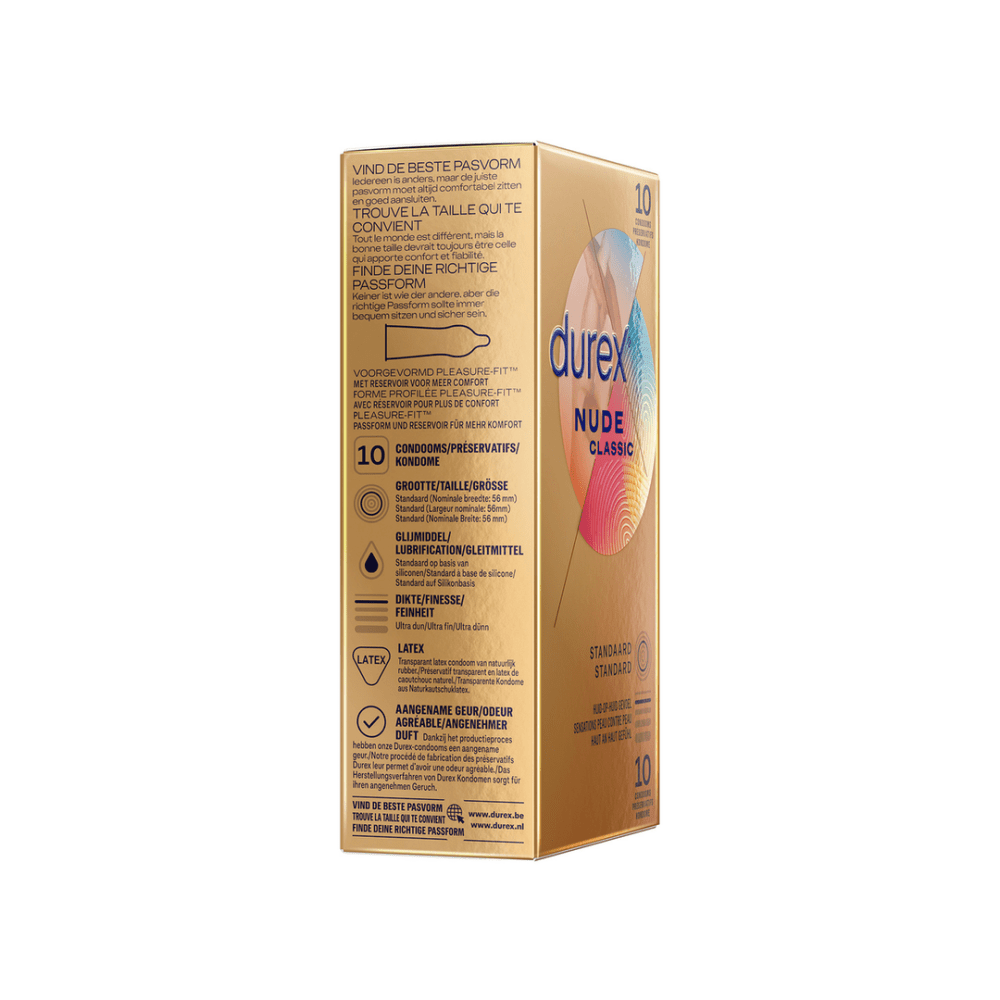 Durex Nude Classic condooms 10 stuks, zijkant doos, productdetails, extra dun latex condoom