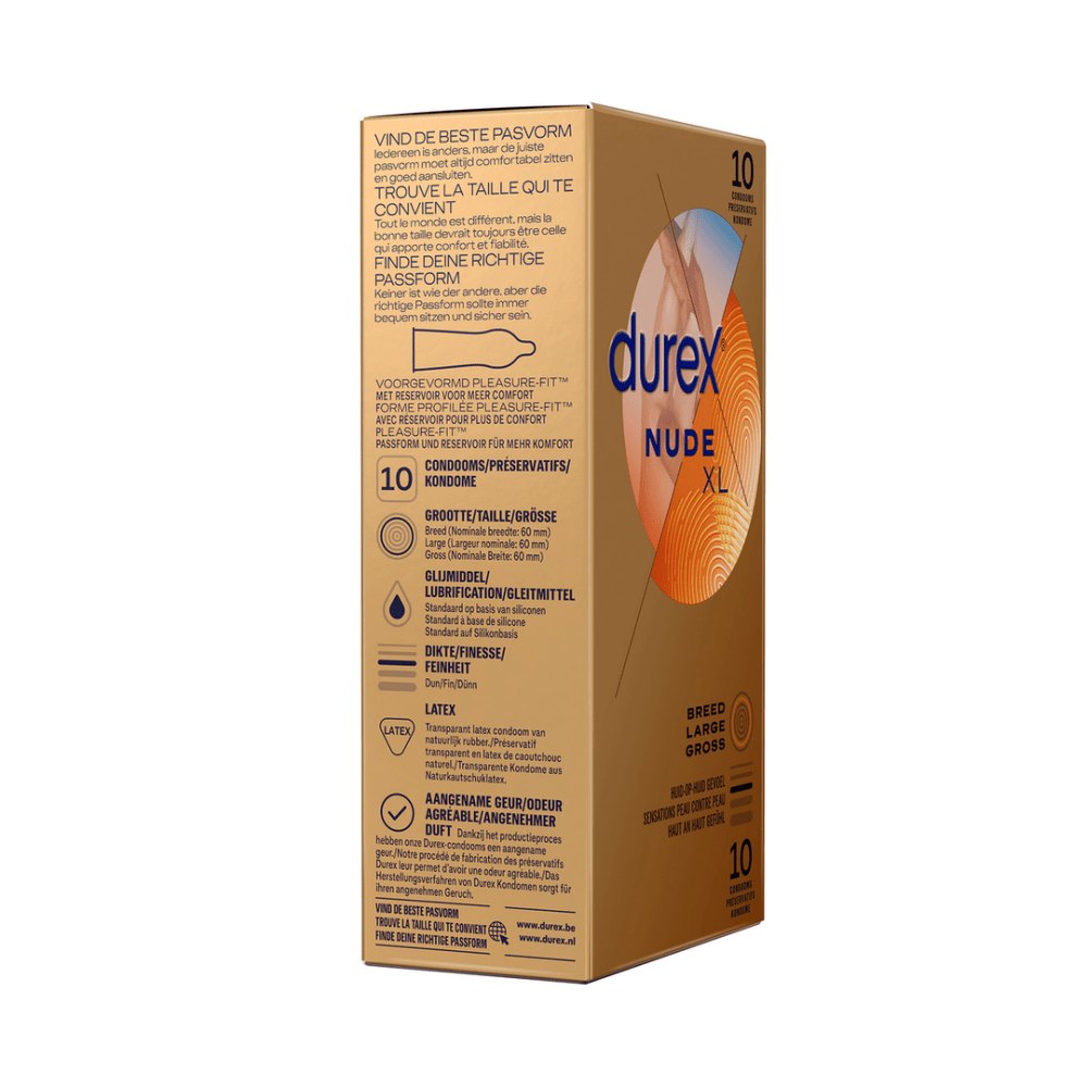 Durex Nude XL condooms 10 stuks, zijkant doos, productinformatie, extra dun condoom XL