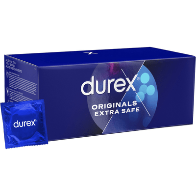 Durex Extra Safe condooms 144 stuks, grootverpakking in blauw, extra veilige condooms, voorzijde van doos
