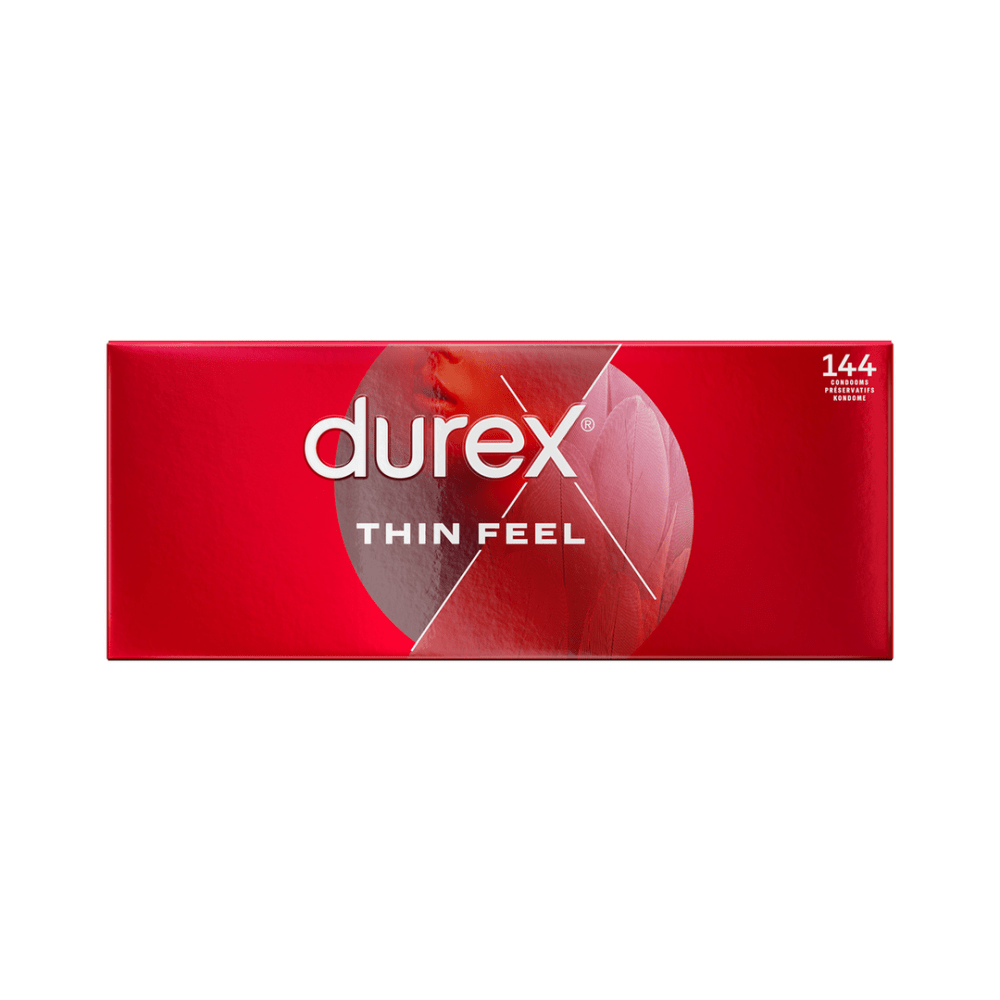 Durex Dunne Voel condooms 144 stuks, voordeelverpakking voorzijde, extra dun voor meer gevoel