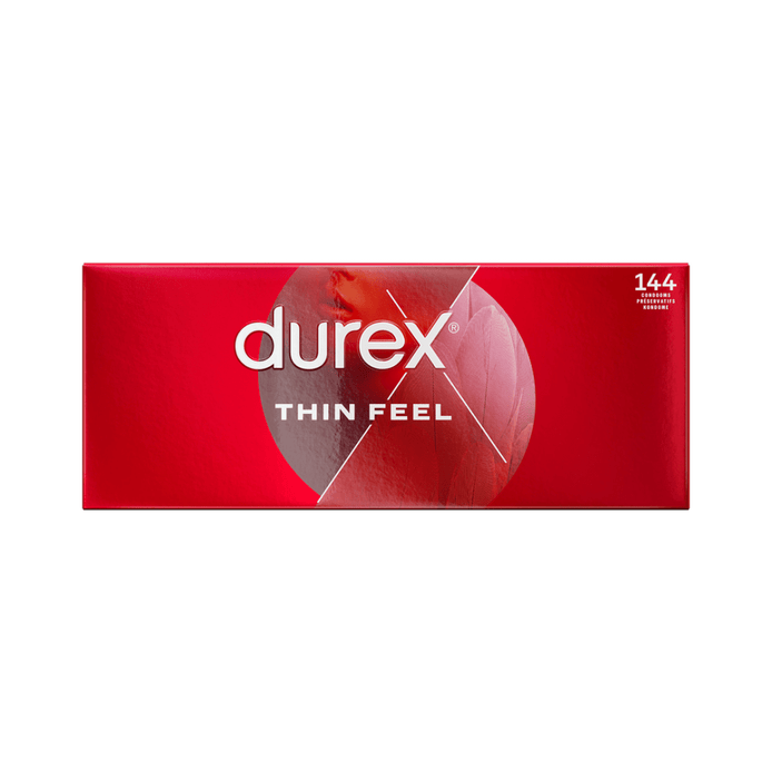 Durex Dunne Voel condooms 144 stuks, voordeelverpakking voorzijde, extra dun voor meer gevoel