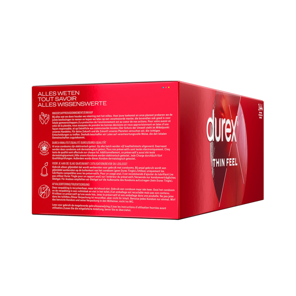 Durex Dunne Voel condooms 144 stuks, zijkant voordeelverpakking, grootverpakking extra dunne condooms