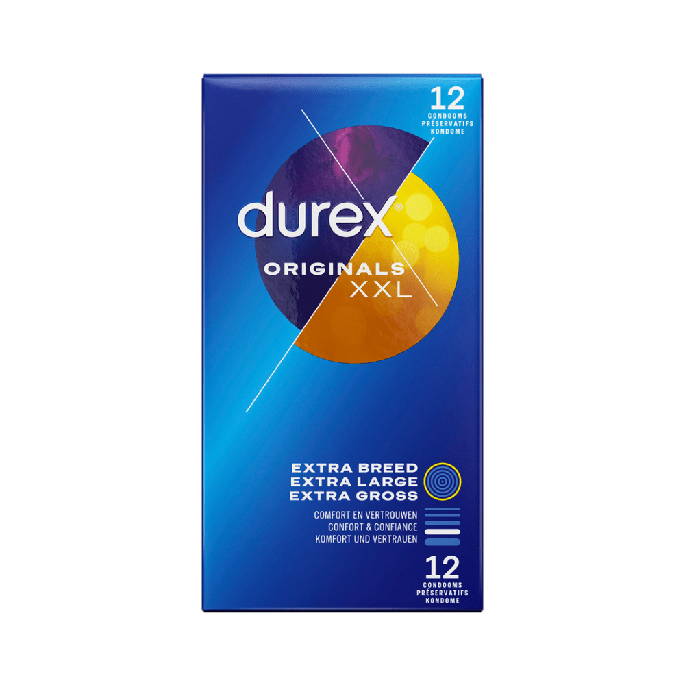 Durex XXL condooms 12 stuks, verpakking voorzijde, extra ruime pasvorm voor comfort