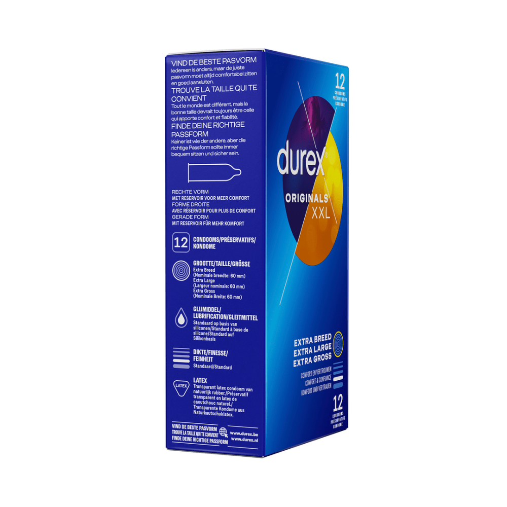 Durex XXL condooms 12 stuks, verpakking zijkant, large fit condooms van Durex