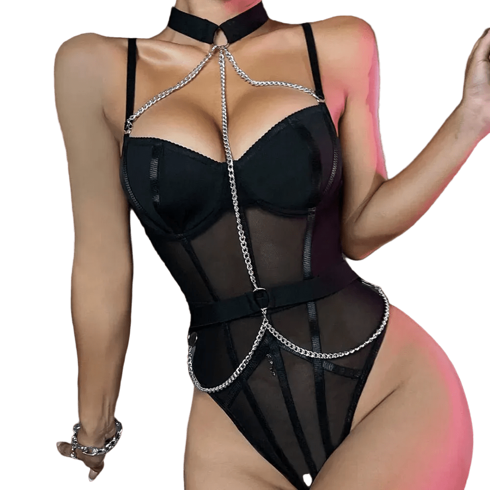 Mesh Bodysuit with Bodychain and Collar