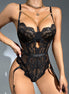 Doorzichtig Kant Cut-out Bodysuit met Halsketting - L/XL - Zwart