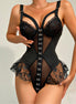 Rimpel Kant Mesh Bodysuit met Haak Voorkant - S/M - Zwart