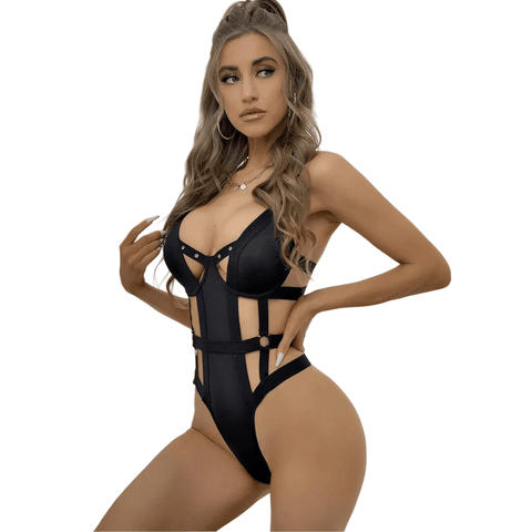 Der schwarze Namour Bodysuit mit Trägern und Cut-outs