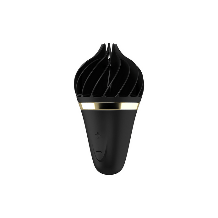 Satisfyer Sweet Treat Spinnator vibrator zwart goudkleurig, productfoto vooraanzicht, compacte siliconen vorm
