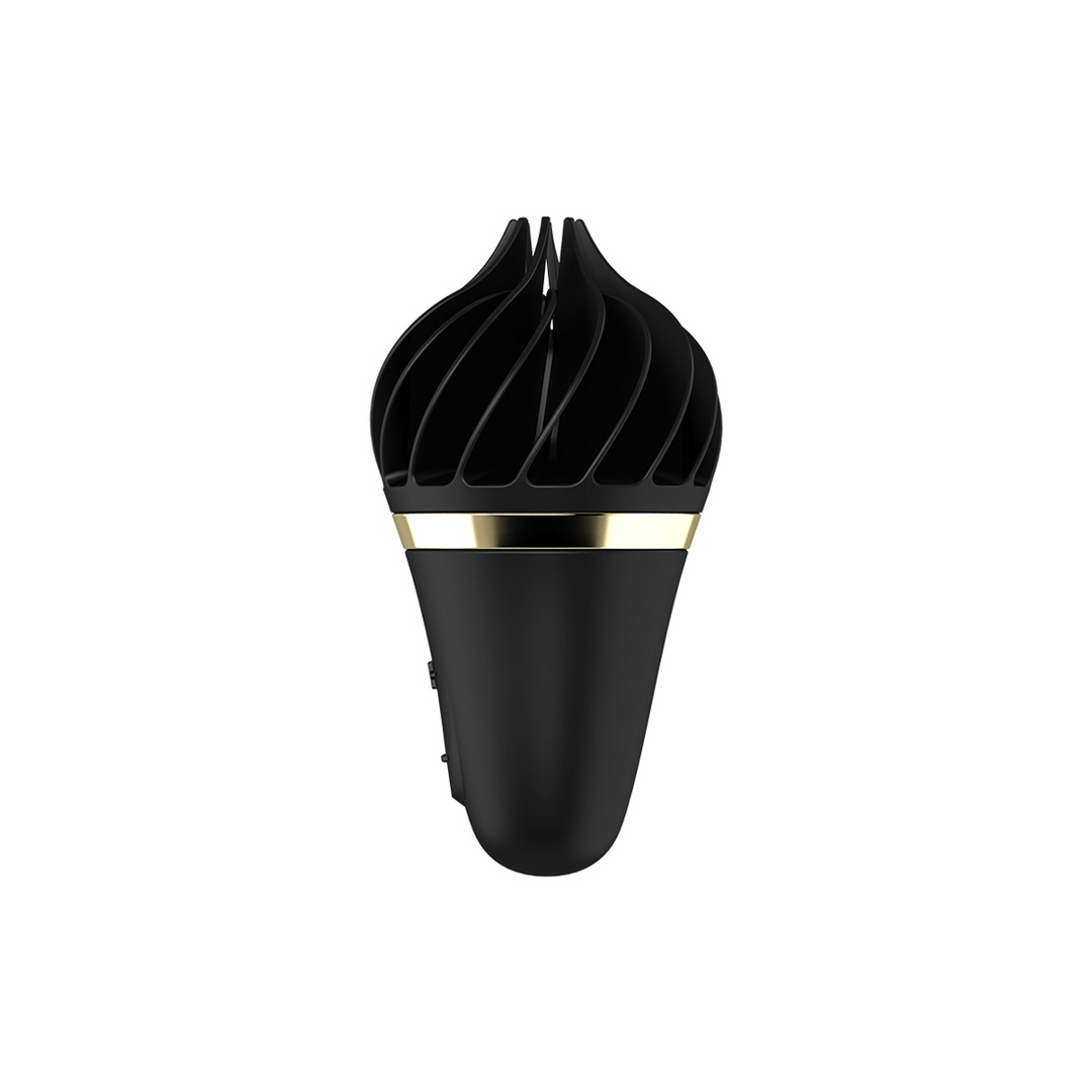 Satisfyer Sweet Treat Spinnator vibrator zwart goudkleurig, zijaanzicht, afgeronde kop en handgreep