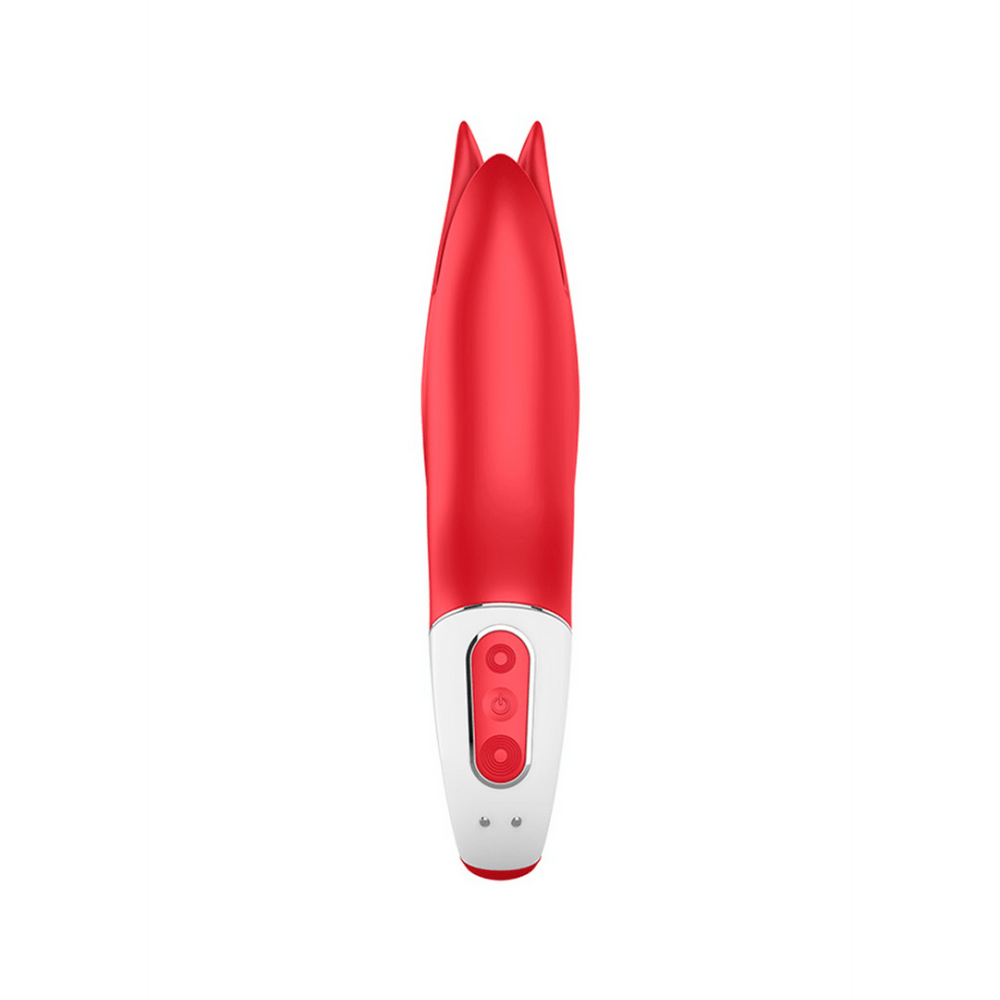 Satisfyer Power Flower Classic vibrator rood, close-up van de bloemvormige tip, detail van het design