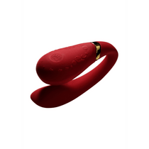 ZALO Fanfan duo vibrator voor koppels in rood, met gebogen dubbel ontwerp op witte achtergrond