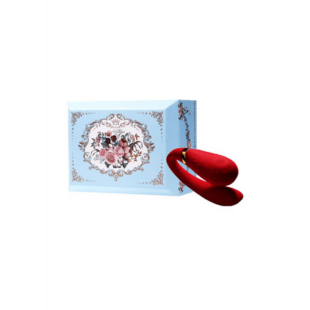 ZALO Fanfan duo vibrator voor koppels met verpakking, rood model naast lichtblauwe productdoos