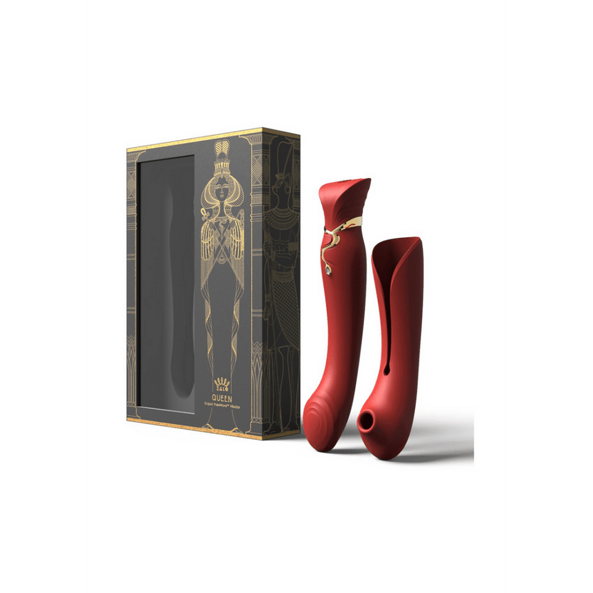 ZALO Queen G-Spot air pulse vibrator wijnrood, set met luxe verpakking, productoverzicht op witte achtergrond