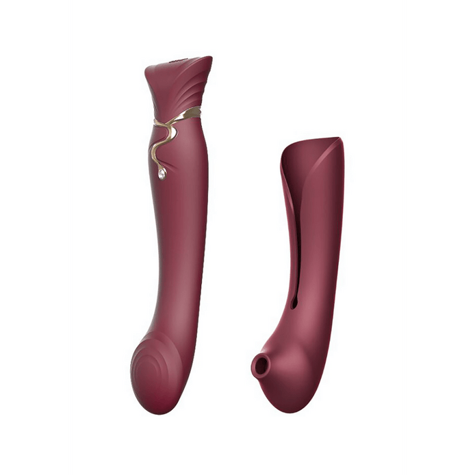 ZALO Queen G-Spot air pulse vibrator wijnrood, duo set met clitoris stimulator en G-spot vibrator, op wit