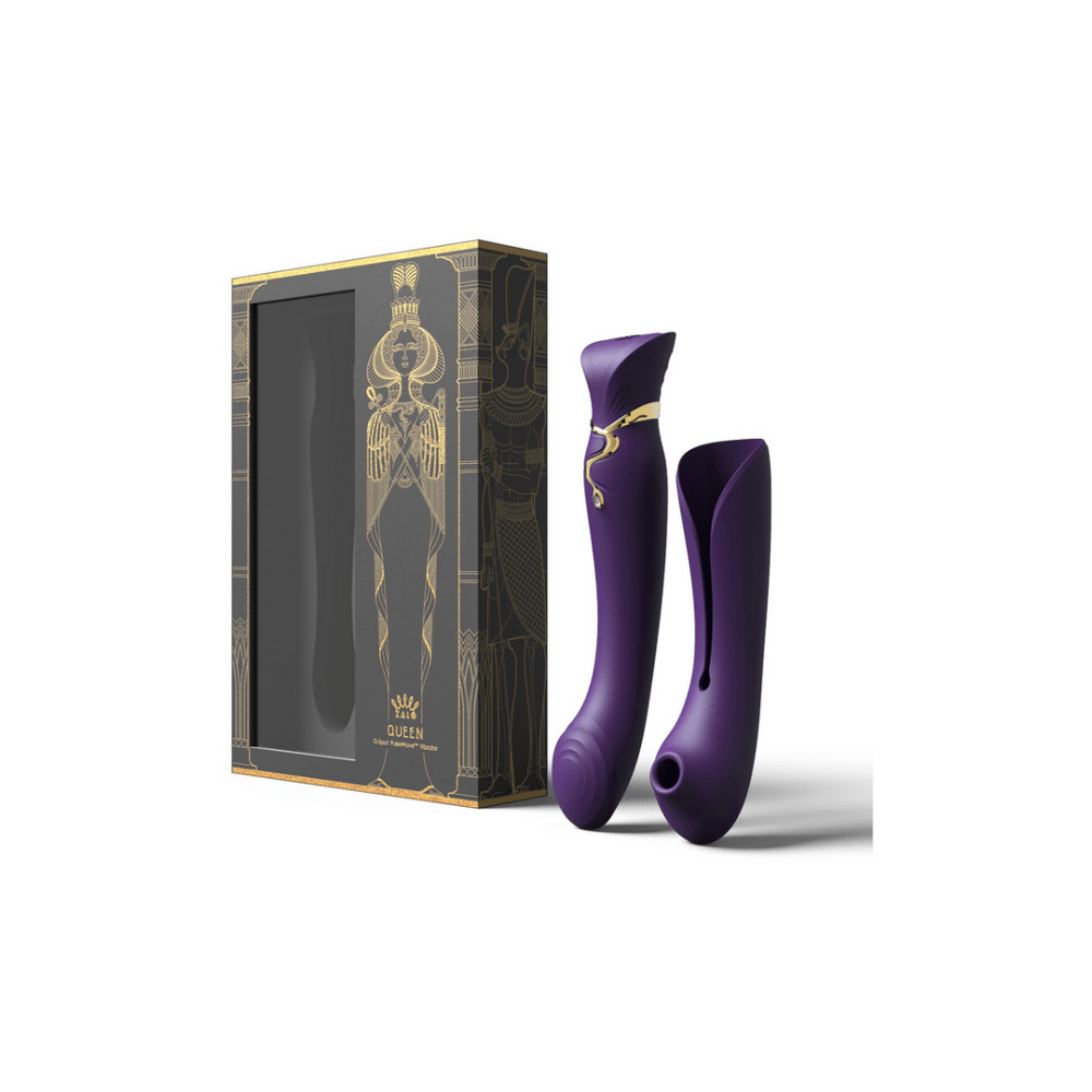 ZALO Queen G spot vibrator met luchtdruk in paars, luxe verpakking met twee aanzichten op witte achtergrond