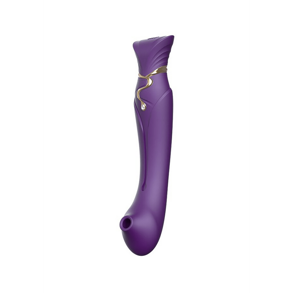 ZALO Queen G spot vibrator met luchtdruk in paars, zijaanzicht met goudkleurig detail op witte achtergrond