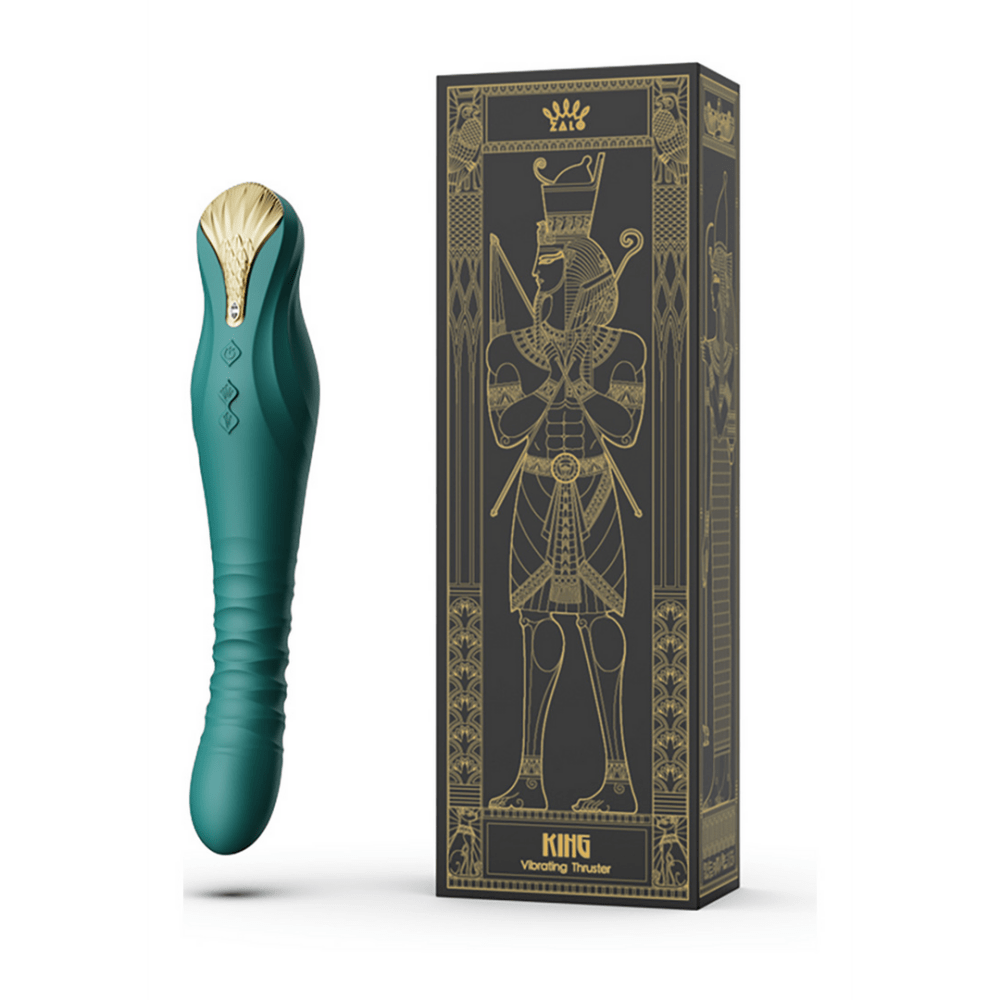 ZALO King PowerThrust vibrator turquoise groen, vibrator naast verpakking, studio productfoto op witte achtergrond