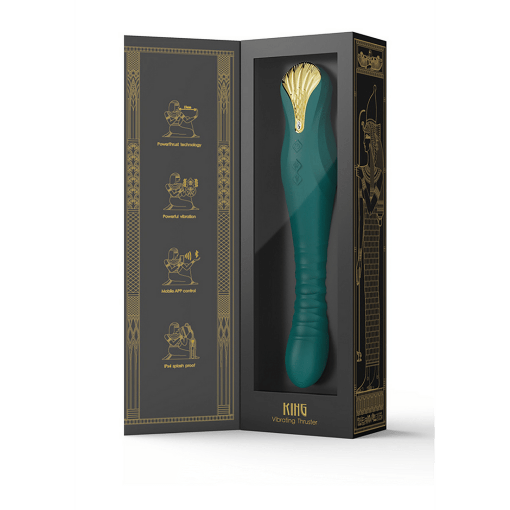 ZALO King PowerThrust vibrator turquoise groen, set met luxe verpakking, productoverzicht op witte achtergrond