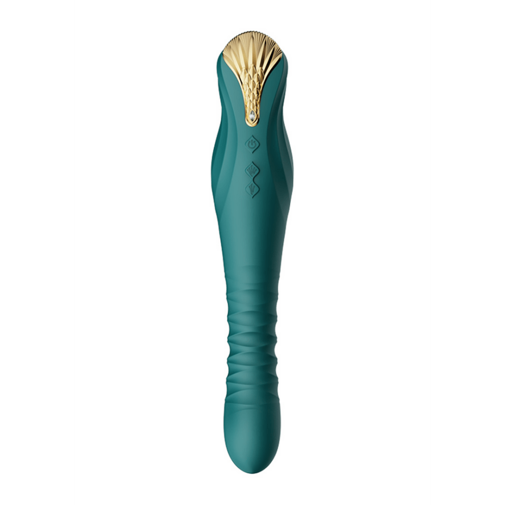 ZALO King PowerThrust vibrator turquoise groen, thrusting vibrator met goudkleurige top, vooraanzicht op wit