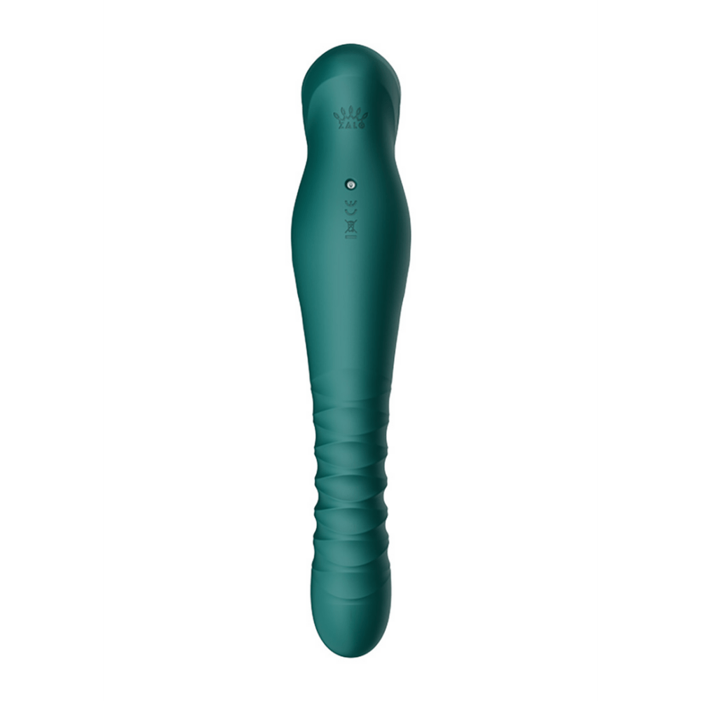 ZALO King PowerThrust thrusting vibrator turquoise groen, rechtopstaand vooraanzicht, siliconen body op wit