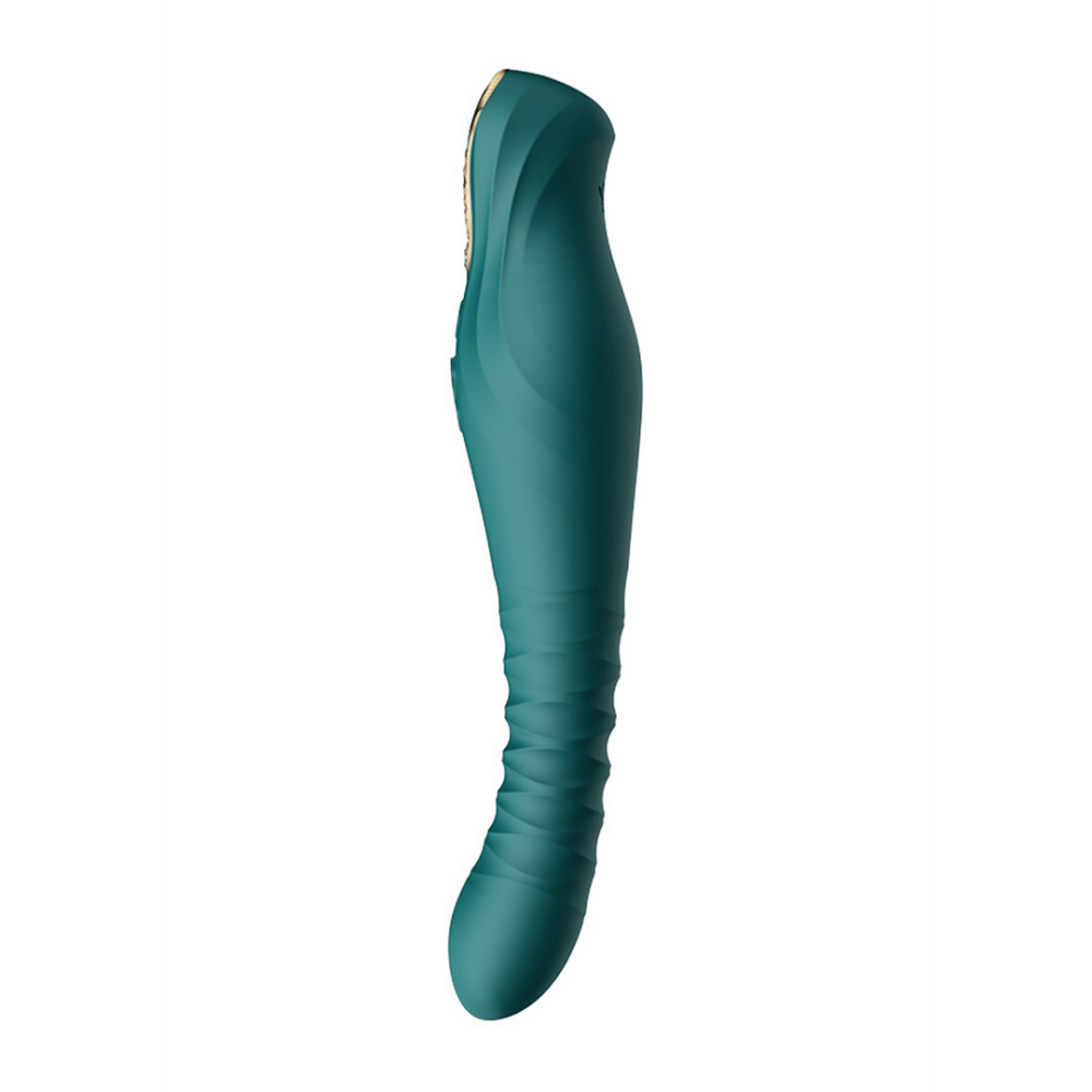 ZALO King PowerThrust vibrator turquoise groen, zijaanzicht, krachtige thrust vibrator met gebogen vorm, op wit