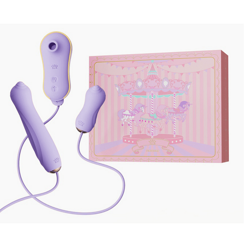 ZALO Unicorn vibrator set bessenviolet, set met verpakking en oplaadkabel, productoverzicht op wit