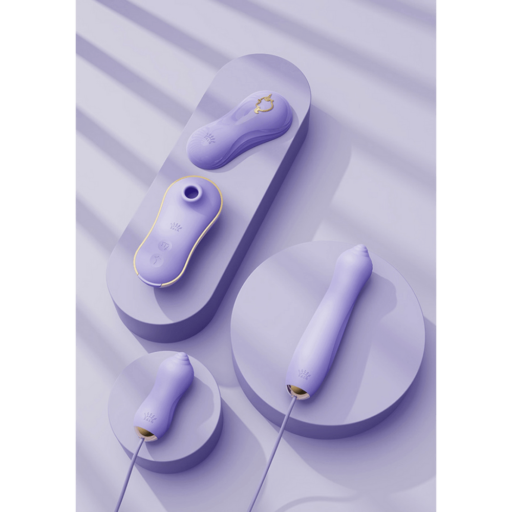 ZALO Unicorn vibrator set bessenviolet, close-up van siliconen opzetstukken, textuur en details in paars
