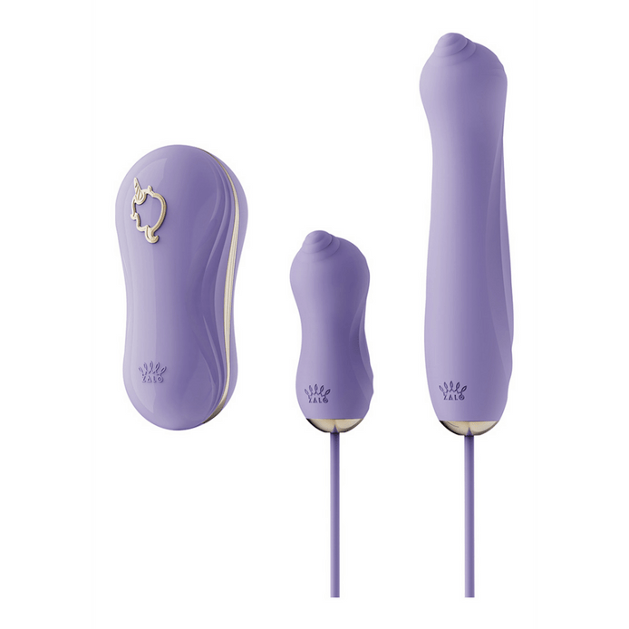 ZALO Unicorn vibrator set bessenviolet, mini vibrators en verwisselbare koppen, setoverzicht op witte achtergrond