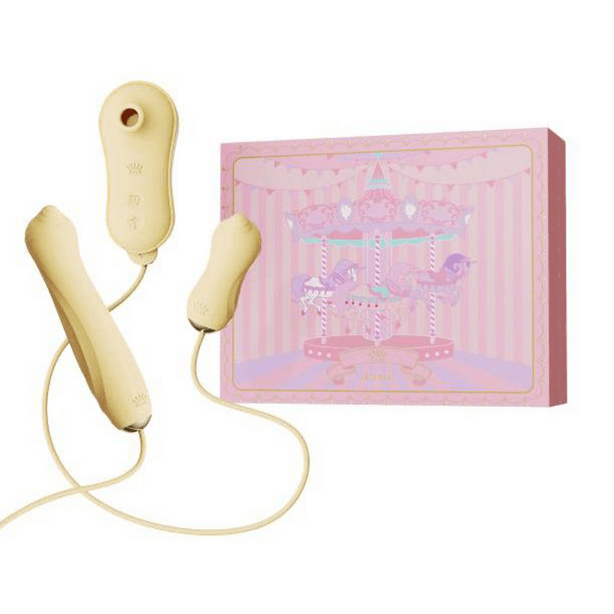 Zalo Unicorn luxe zuigvibrator set met champagnekleurige toy, kabel en roze bewaardoos op witte studioachtergrond