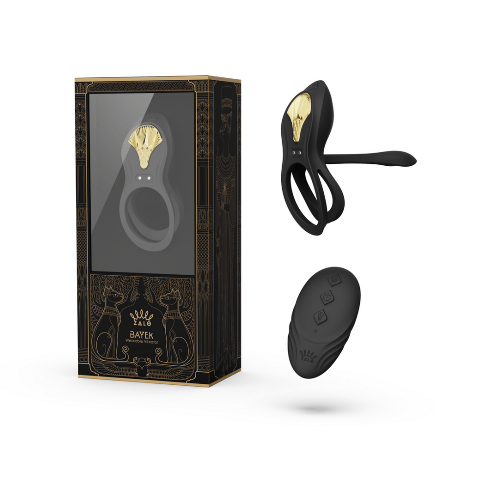 ZALO BAYEK draagbare vibrator obsidian zwart, set met verpakking en accessoires, productoverzicht op witte achtergrond