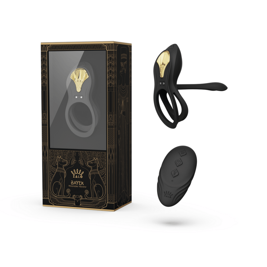 ZALO BAYEK draagbare vibrator obsidian zwart, set met verpakking en accessoires, productoverzicht op witte achtergrond