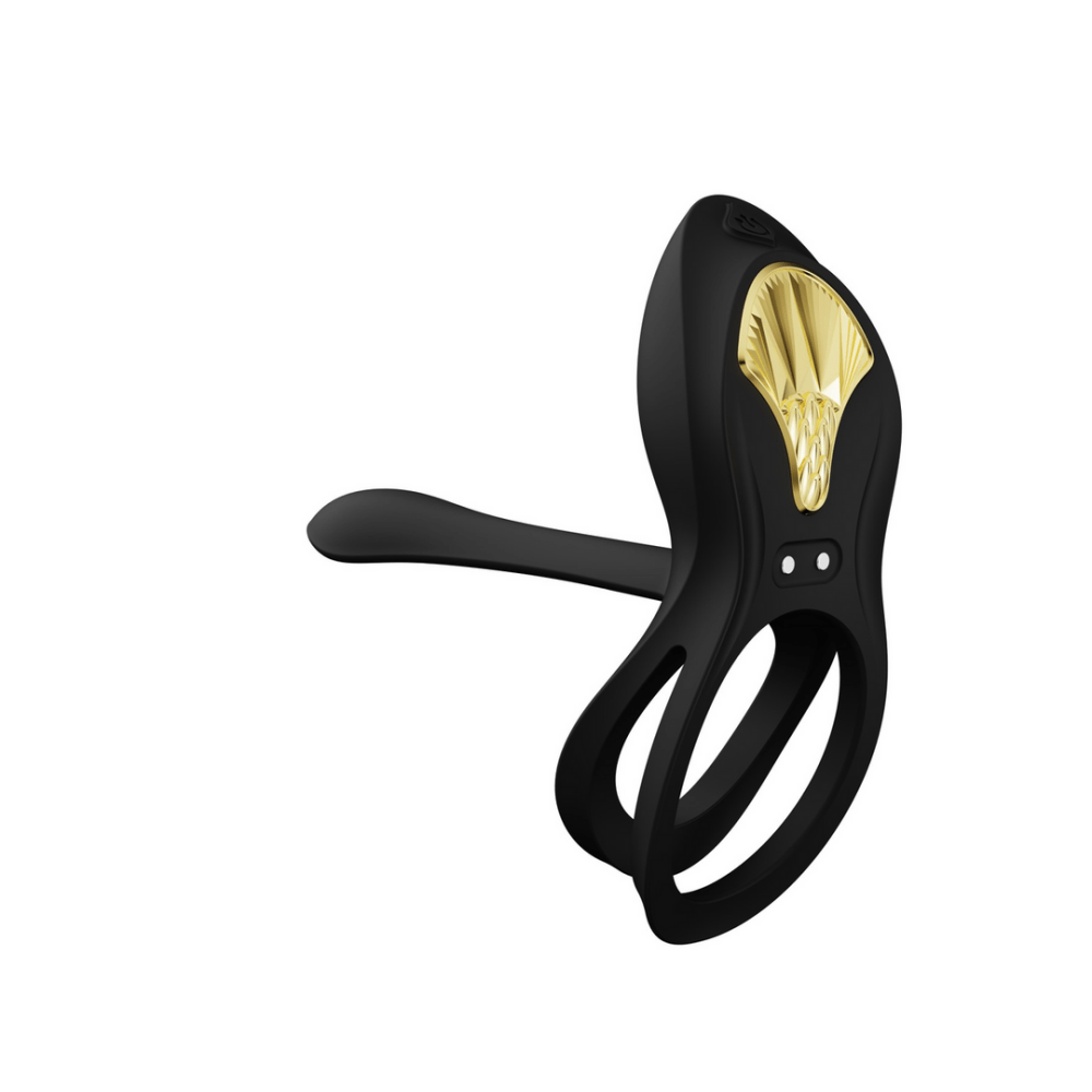 ZALO BAYEK draagbare vibrator obsidian zwart, oplaadkabel en afstandsbediening, accessoires op witte achtergrond