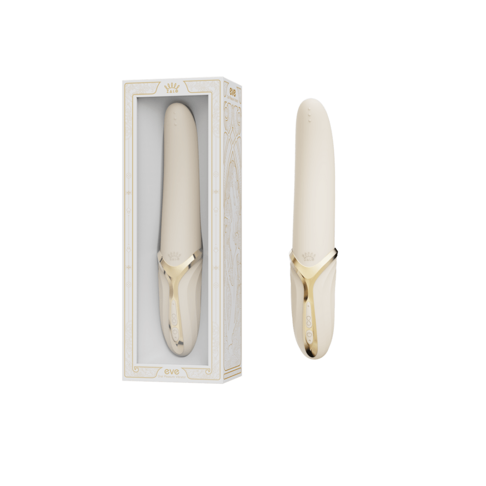 ZALO EVE Oral Pleasure vibrator ivoorwit, set met case en accessoires, productoverzicht op witte achtergrond