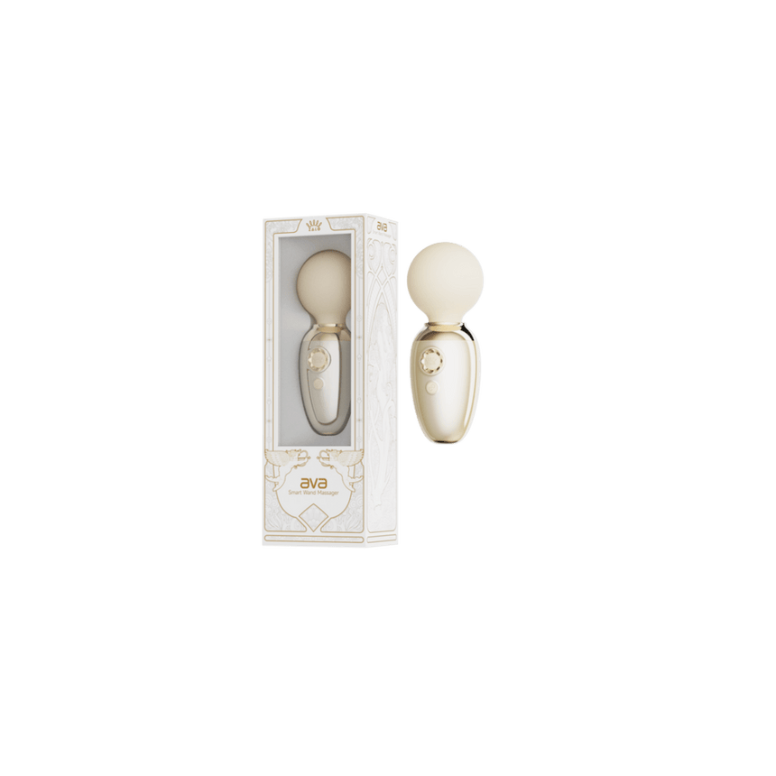 ZALO Ava Smart Wand Massager ivoorwit, set met accessoires en handleiding, productoverzicht op witte achtergrond